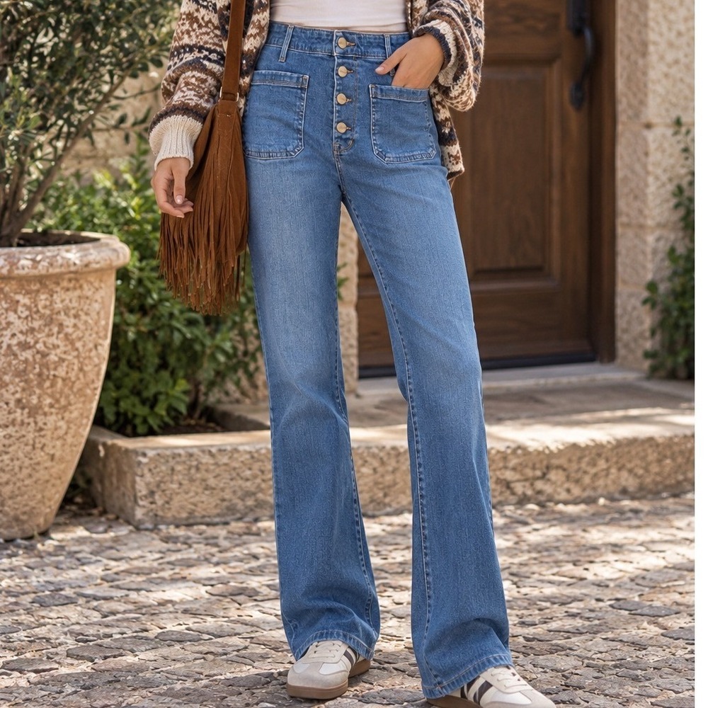 Sanctuary Denim Womens 29 High Rise Flare Blue Button Fly Patch Pocket Jeans